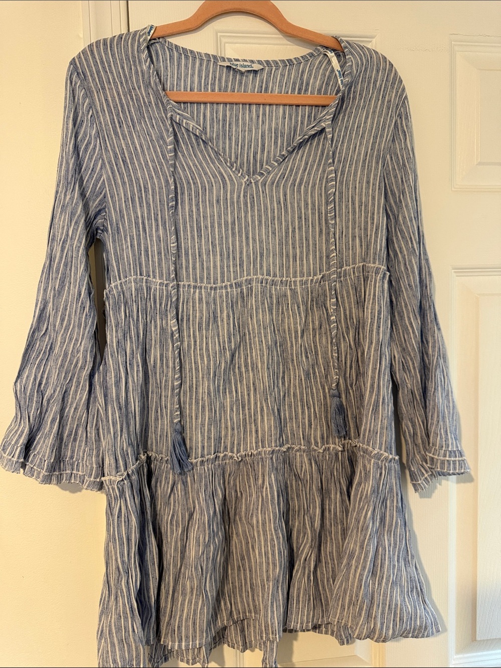 Striped Blue Cotton Tunic Dress with Tassel Tie